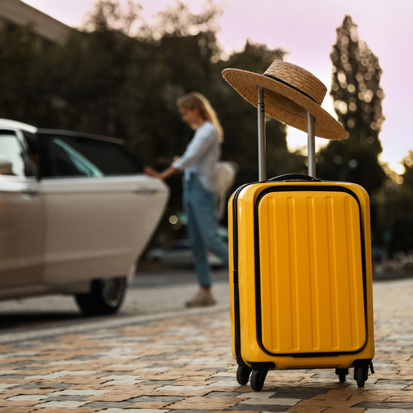 Woman near taxi outdoors, focus on suitcase